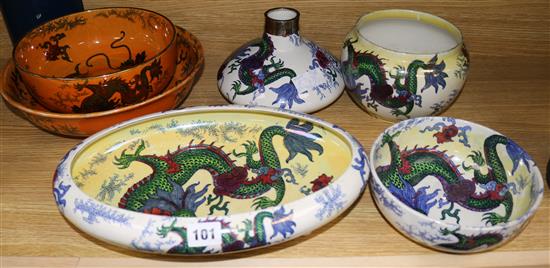 Six Bursley Dragon lustre bowls & pots, designed by Frederick Rhead